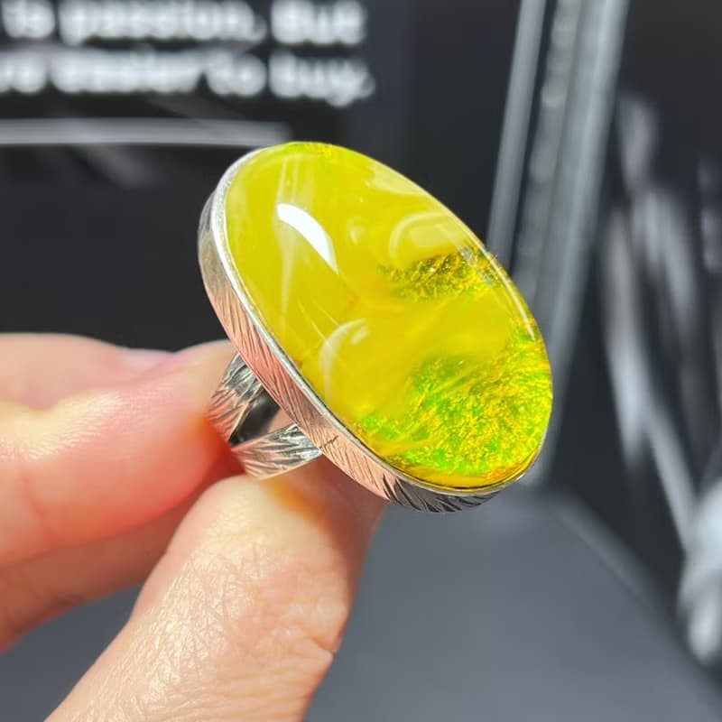 天然波羅的海琥珀戒指  特色風景珀飄白花 活口 s925銀鑲嵌