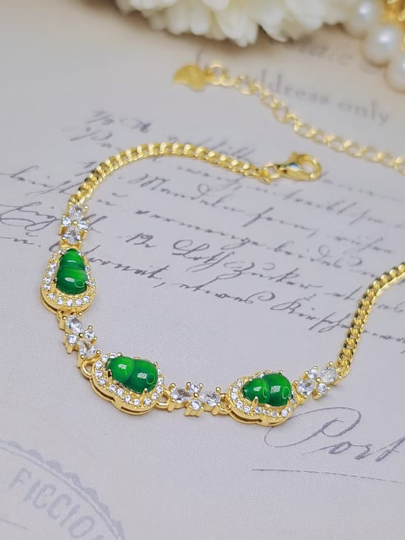 |福財|A貨翡翠冰玻陽綠葫蘆6.9mm純銀鍍18k黃精緻多顆手鏈