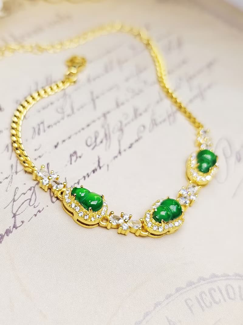 |福財|A貨翡翠冰玻陽綠葫蘆6.9mm純銀鍍18k黃精緻多顆手鏈