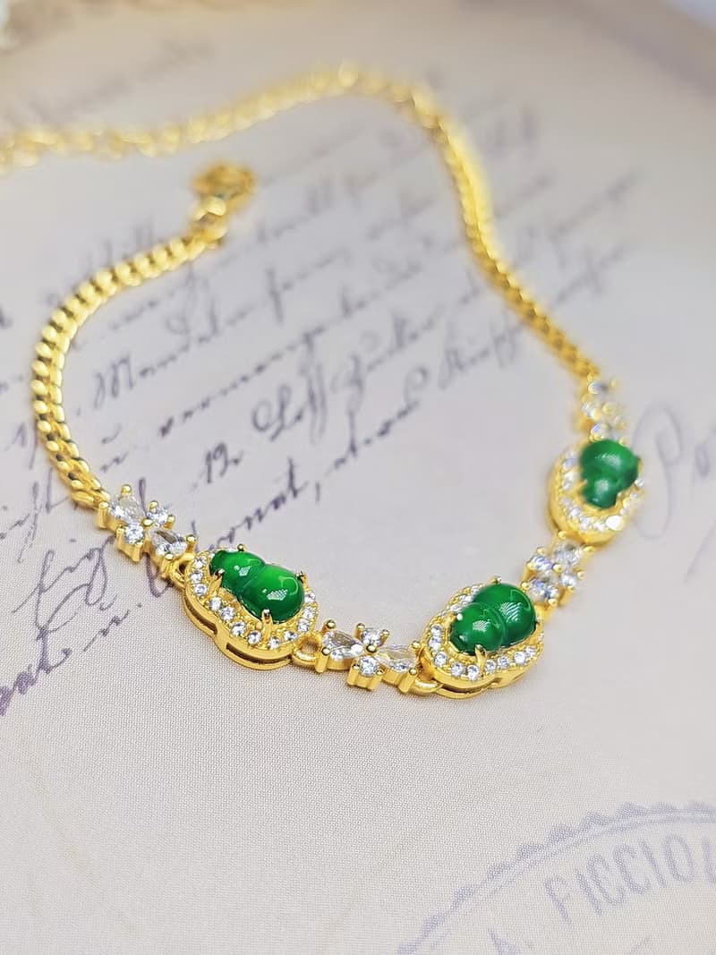 |福財|A貨翡翠冰玻陽綠葫蘆6.9mm純銀鍍18k黃精緻多顆手鏈