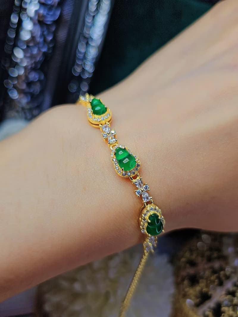 |福財|A貨翡翠冰玻陽綠葫蘆6.9mm純銀鍍18k黃精緻多顆手鏈