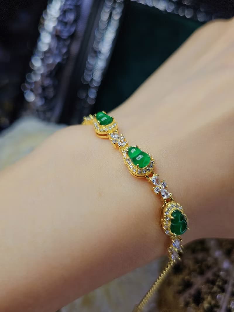 |福財|A貨翡翠冰玻陽綠葫蘆6.9mm純銀鍍18k黃精緻多顆手鏈