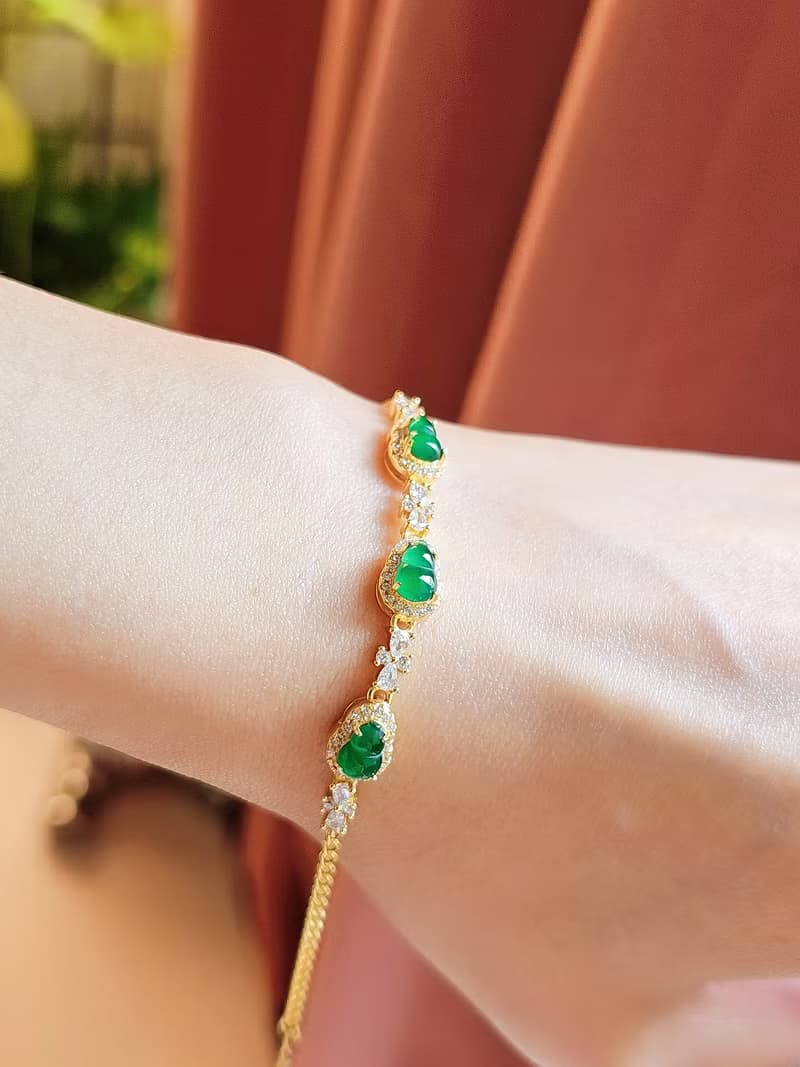 |福財|A貨翡翠冰玻陽綠葫蘆6.9mm純銀鍍18k黃精緻多顆手鏈