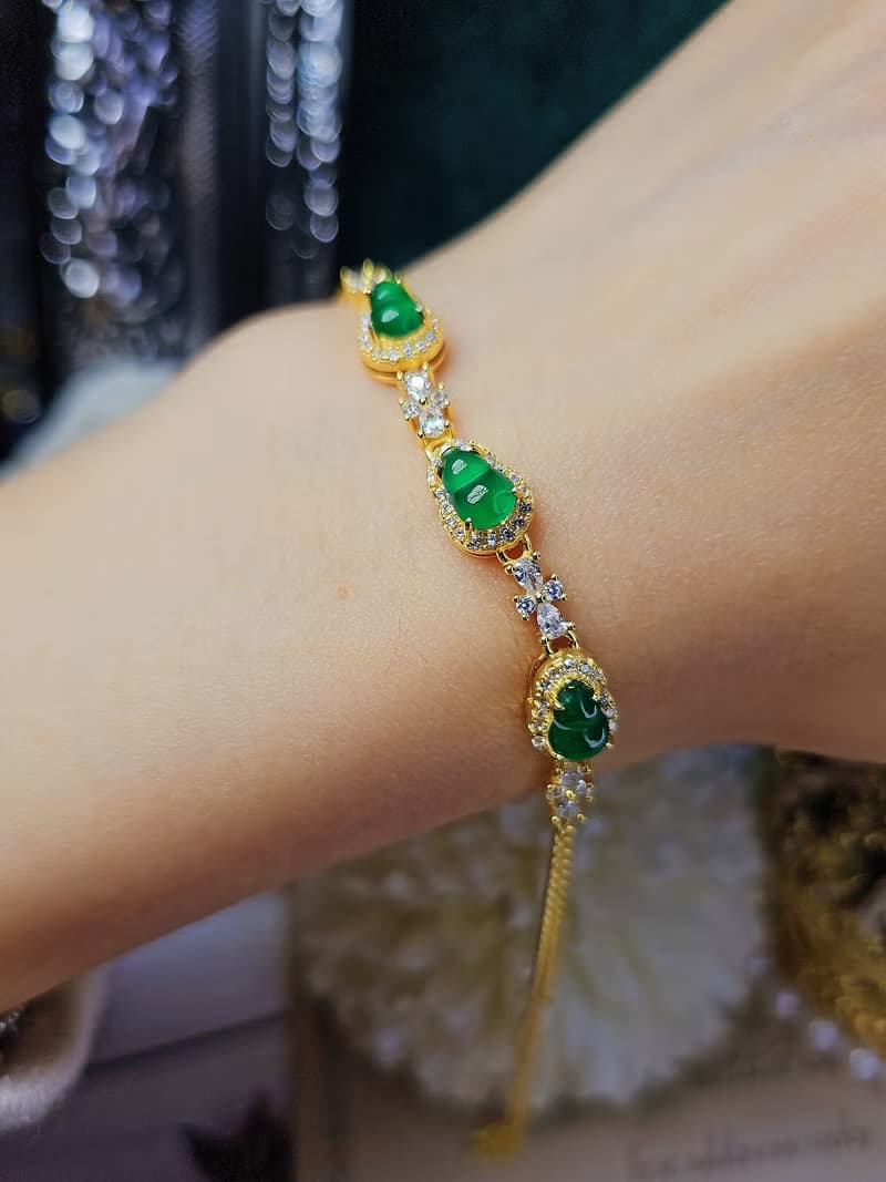 |福財|A貨翡翠冰玻陽綠葫蘆6.9mm純銀鍍18k黃精緻多顆手鏈