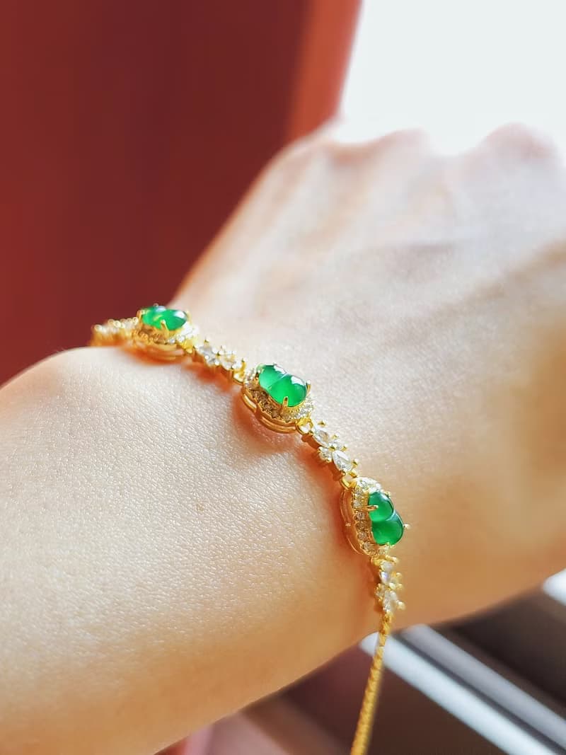 |福財|A貨翡翠冰玻陽綠葫蘆6.9mm純銀鍍18k黃精緻多顆手鏈