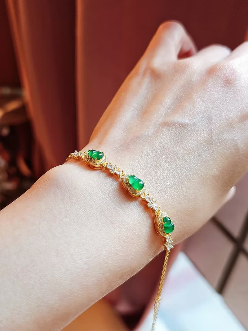 |福財|A貨翡翠冰玻陽綠葫蘆6.9mm純銀鍍18k黃精緻多顆手鏈