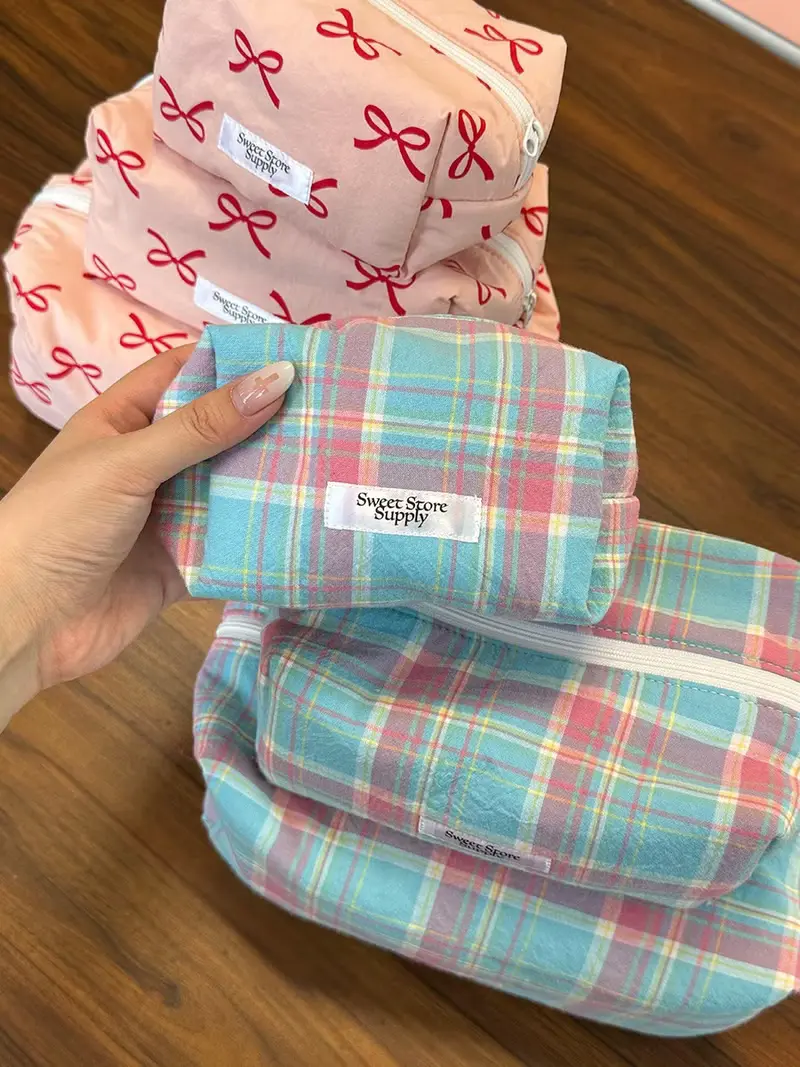 Sweetstore Supply原創粉格蝴蝶結化妝包便攜收納包