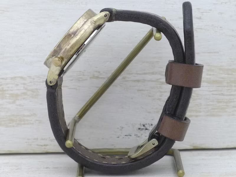 手作り腕時計 BAM063 33mm Brass 真鍮 自動巻きオープンハート 刻印文字盤 手縫いベルト