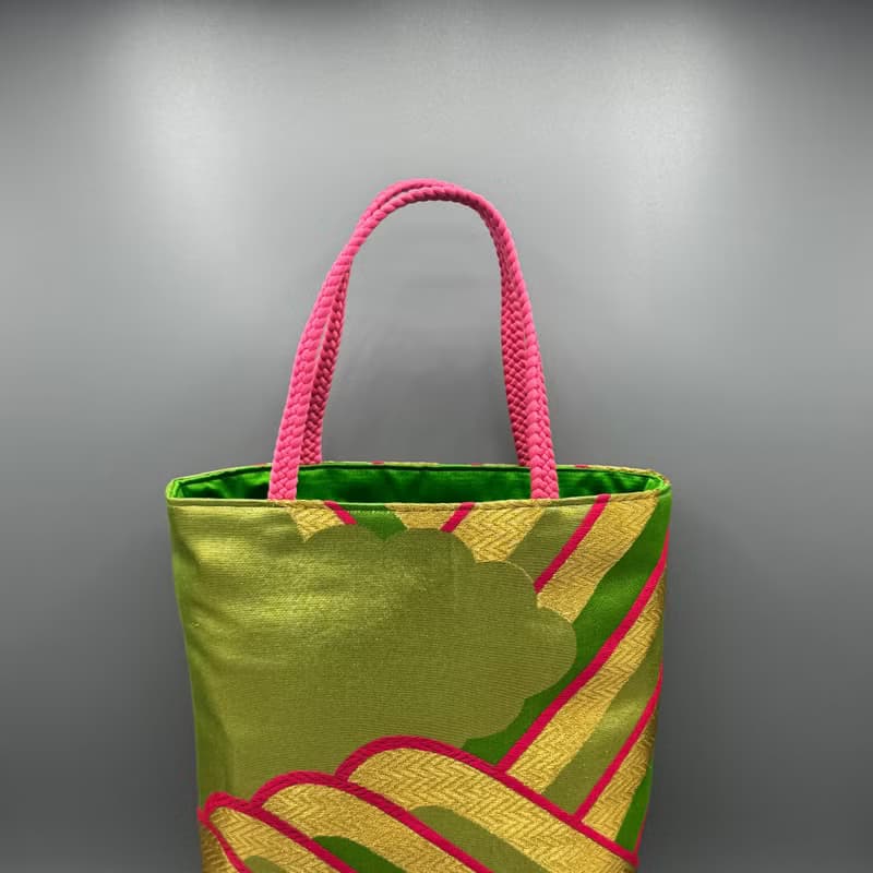 着物 帯 リメイク ハンドメイド トートバッグ 緑 ピンク