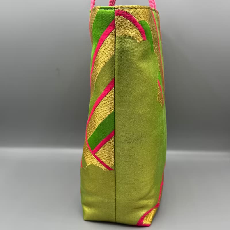 着物 帯 リメイク ハンドメイド トートバッグ 緑 ピンク