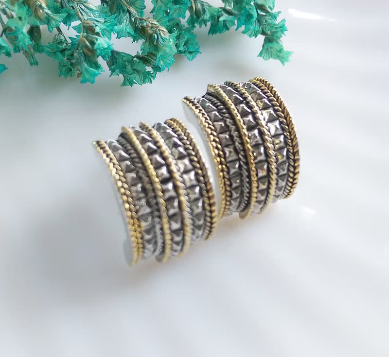 Vintage Jewelry 西洋古董飾品 金銀色調 寬版 個性  針式耳環