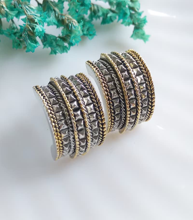 Vintage Jewelry 西洋古董飾品 金銀色調 寬版 個性  針式耳環