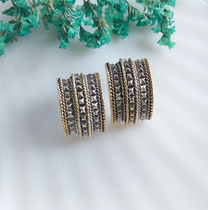 Vintage Jewelry 西洋古董飾品 金銀色調 寬版 個性  針式耳環