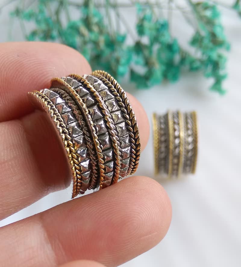 Vintage Jewelry 西洋古董飾品 金銀色調 寬版 個性  針式耳環