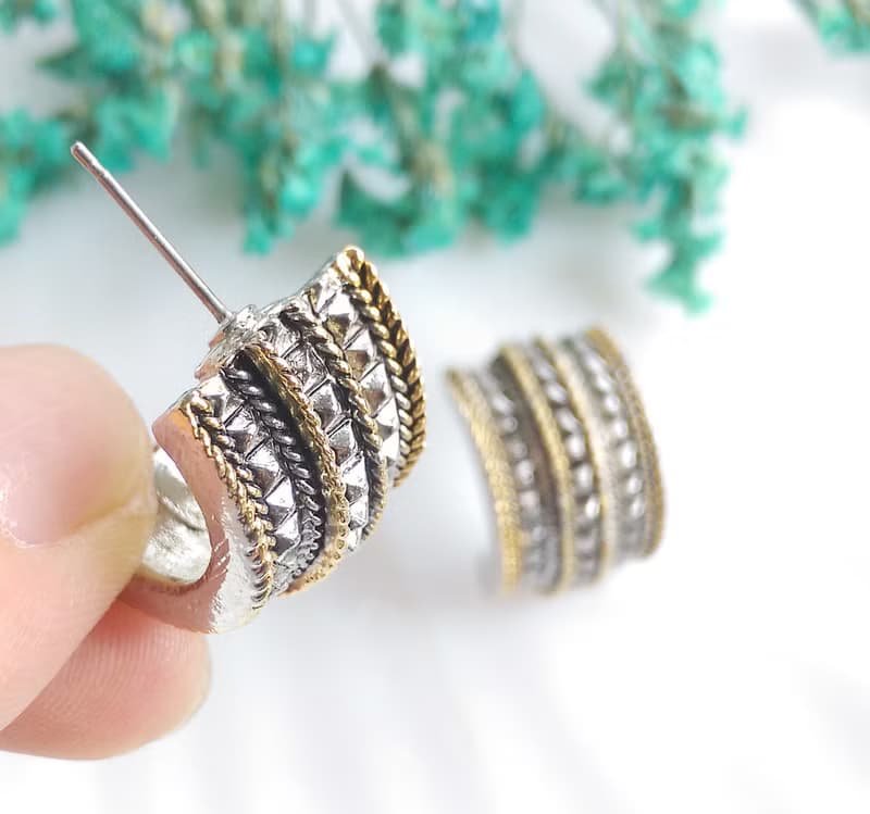 Vintage Jewelry 西洋古董飾品 金銀色調 寬版 個性  針式耳環