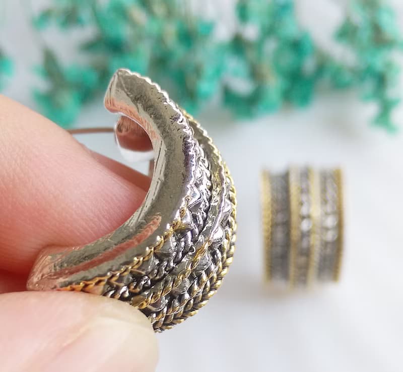 Vintage Jewelry 西洋古董飾品 金銀色調 寬版 個性  針式耳環