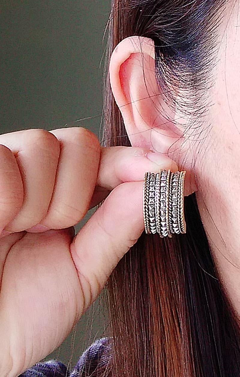 Vintage Jewelry 西洋古董飾品 金銀色調 寬版 個性  針式耳環