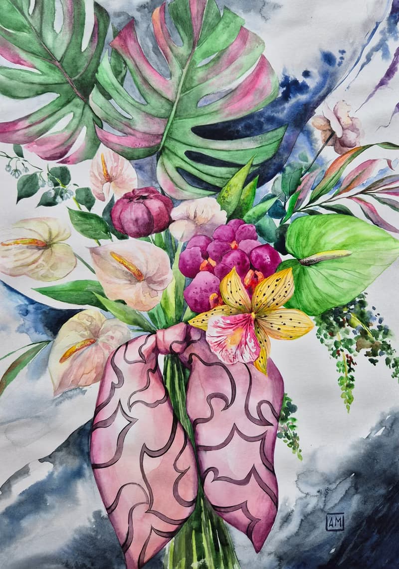 Watercolor bouquet of tropical flowers 1