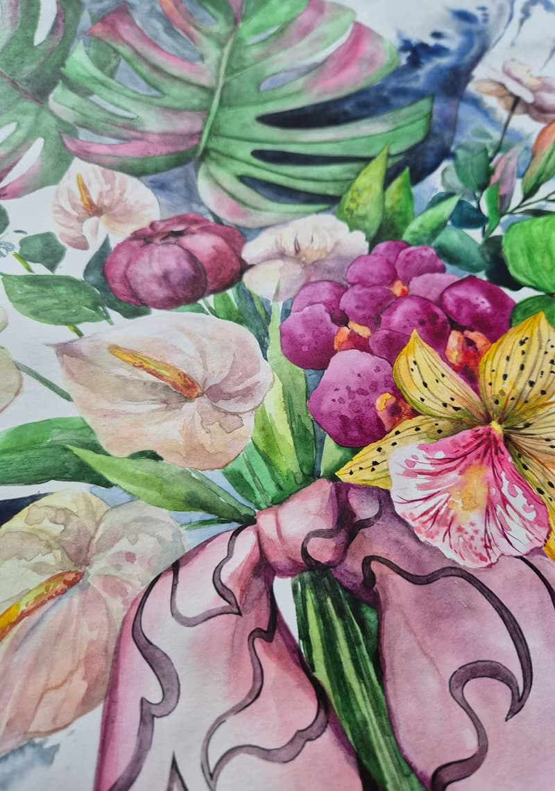 Watercolor bouquet of tropical flowers 1