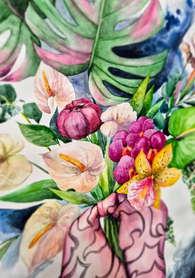 Watercolor bouquet of tropical flowers 1