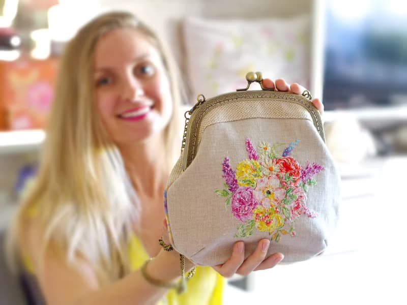 Handmade shoulder bag with cross stitched Blooming Marvellous bouquet, crossbody