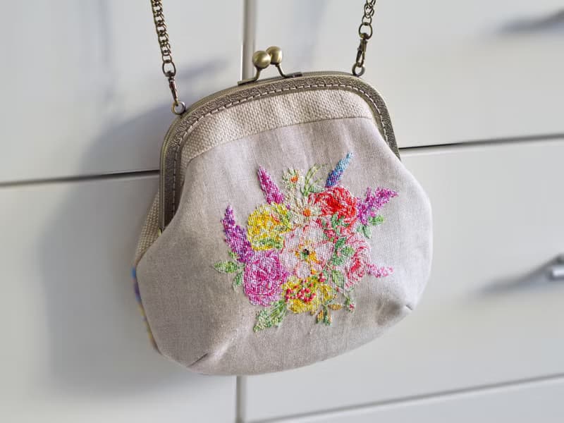Handmade shoulder bag with cross stitched Blooming Marvellous bouquet, crossbody