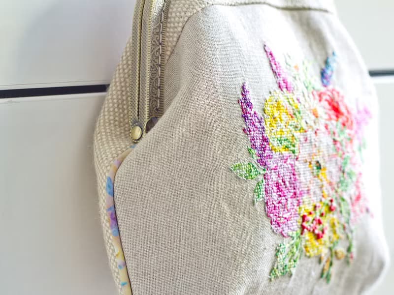 Handmade shoulder bag with cross stitched Blooming Marvellous bouquet, crossbody