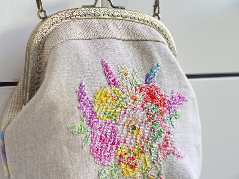 Handmade shoulder bag with cross stitched Blooming Marvellous bouquet, crossbody