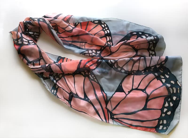 Hand painted silk scarf- Coral Butterfly/ Butterfly Wings scarf