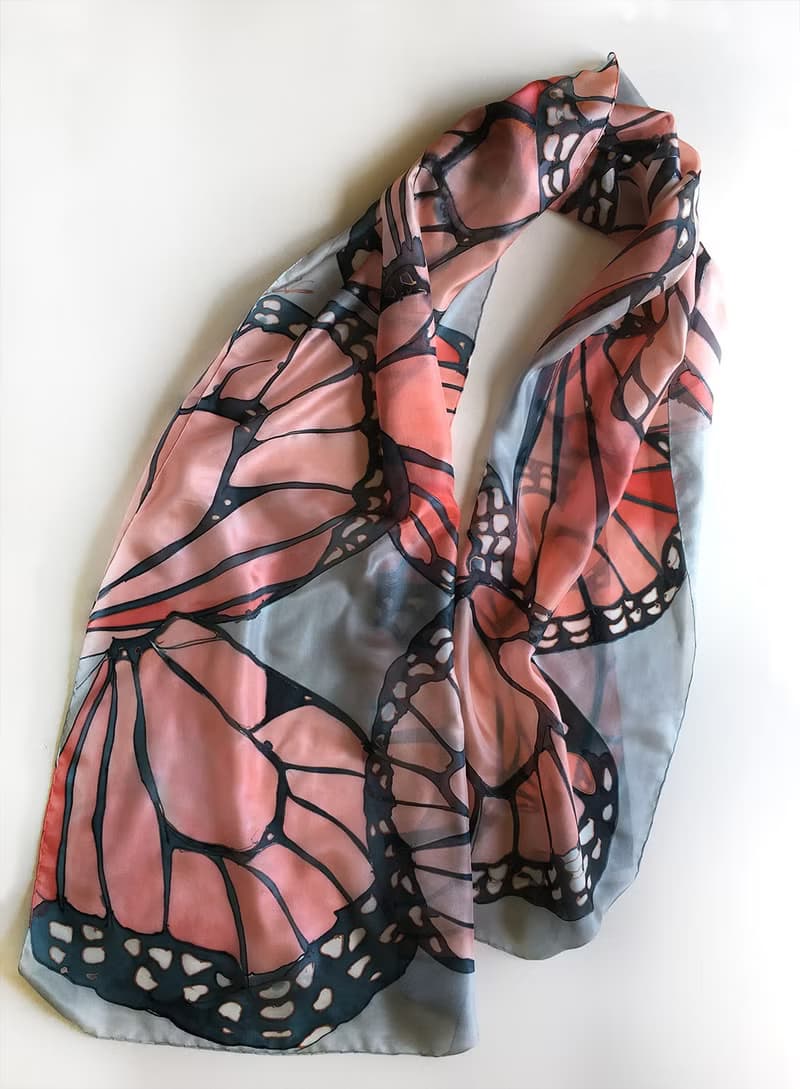 Hand painted silk scarf- Coral Butterfly/ Butterfly Wings scarf
