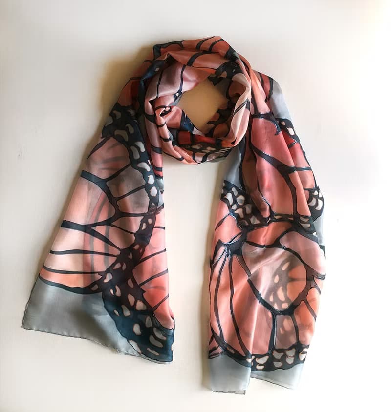 Hand painted silk scarf- Coral Butterfly/ Butterfly Wings scarf