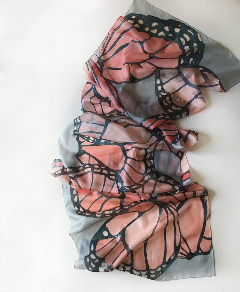 Hand painted silk scarf- Coral Butterfly/ Butterfly Wings scarf