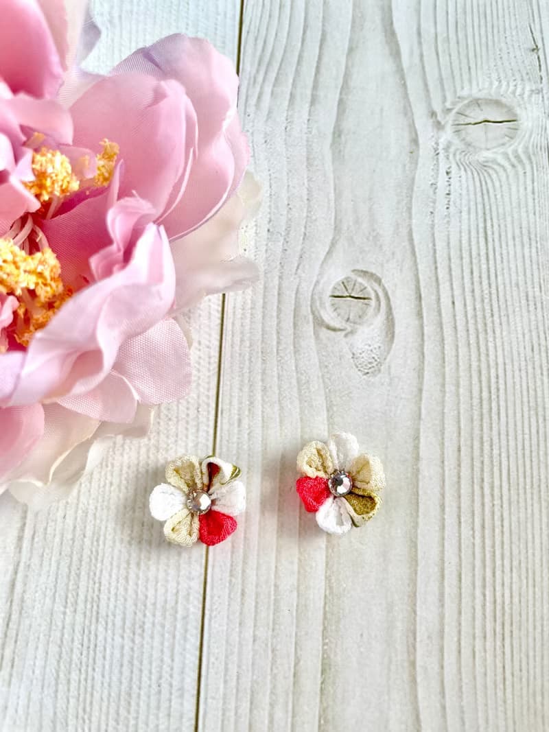 花朵耳環　傳統工藝品　妻見工作　粉紅色　白色