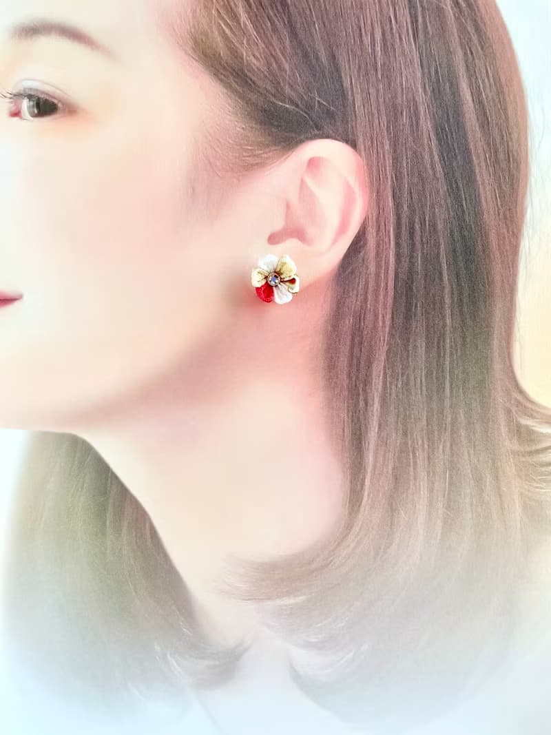 花朵耳環　傳統工藝品　妻見工作　粉紅色　白色