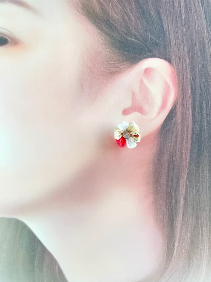 花朵耳環　傳統工藝品　妻見工作　粉紅色　白色
