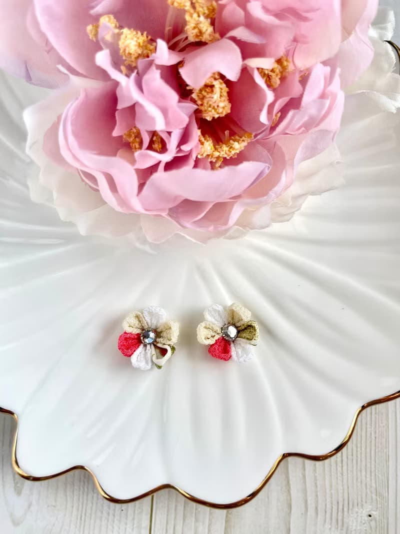 花朵耳環　傳統工藝品　妻見工作　粉紅色　白色