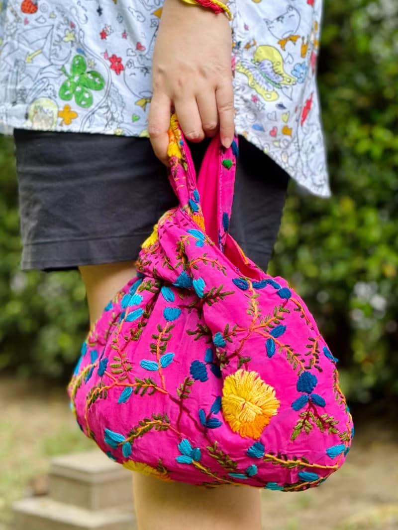 手工刺繡 桃紅色 花卉 手提包 小包 包包 手袋 手提袋