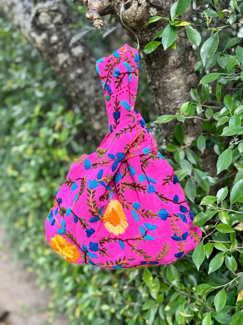 手工刺繡 桃紅色 花卉 手提包 小包 包包 手袋 手提袋