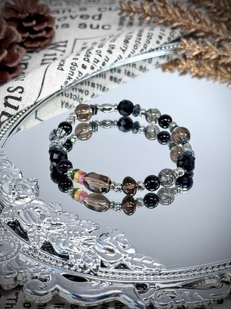權杖公主水晶設計手串 - 黑髮晶、黑碧璽、赤鐵礦、彩虹碧璽