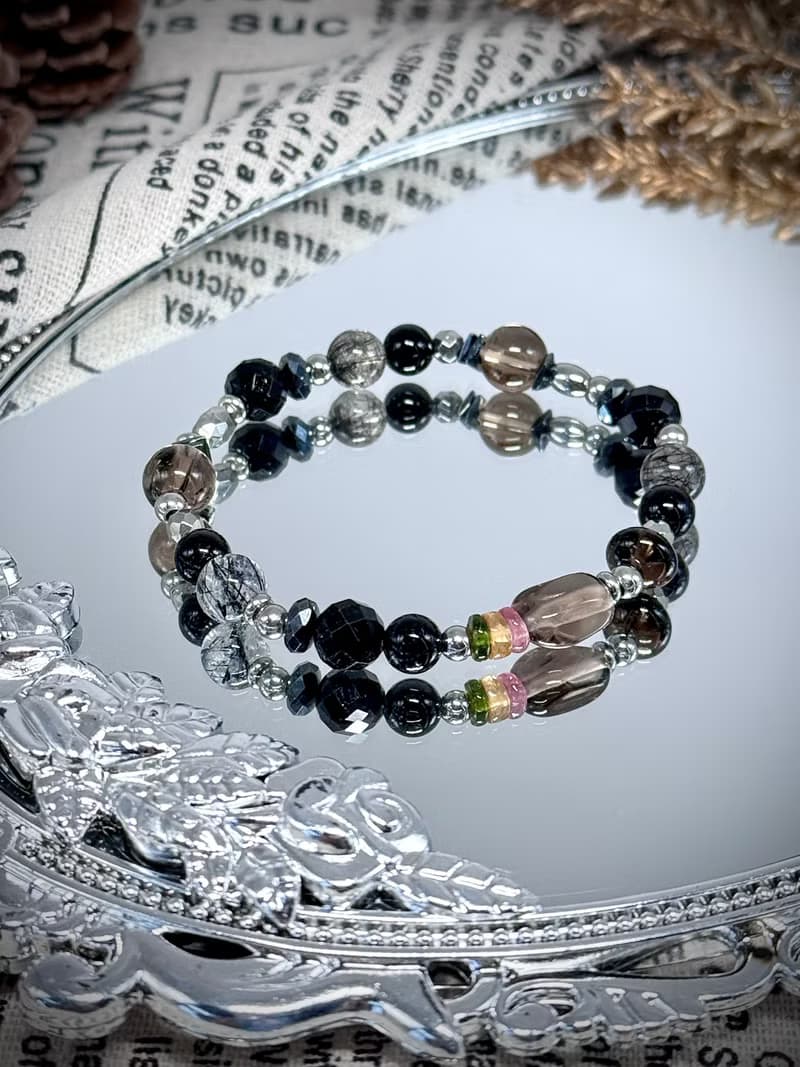 權杖公主水晶設計手串 - 黑髮晶、黑碧璽、赤鐵礦、彩虹碧璽