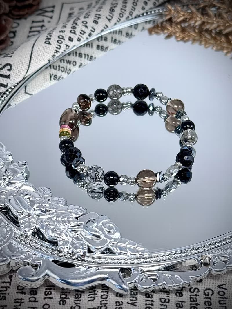 權杖公主水晶設計手串 - 黑髮晶、黑碧璽、赤鐵礦、彩虹碧璽