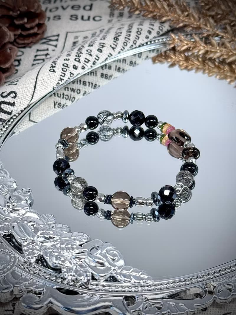 權杖公主水晶設計手串 - 黑髮晶、黑碧璽、赤鐵礦、彩虹碧璽