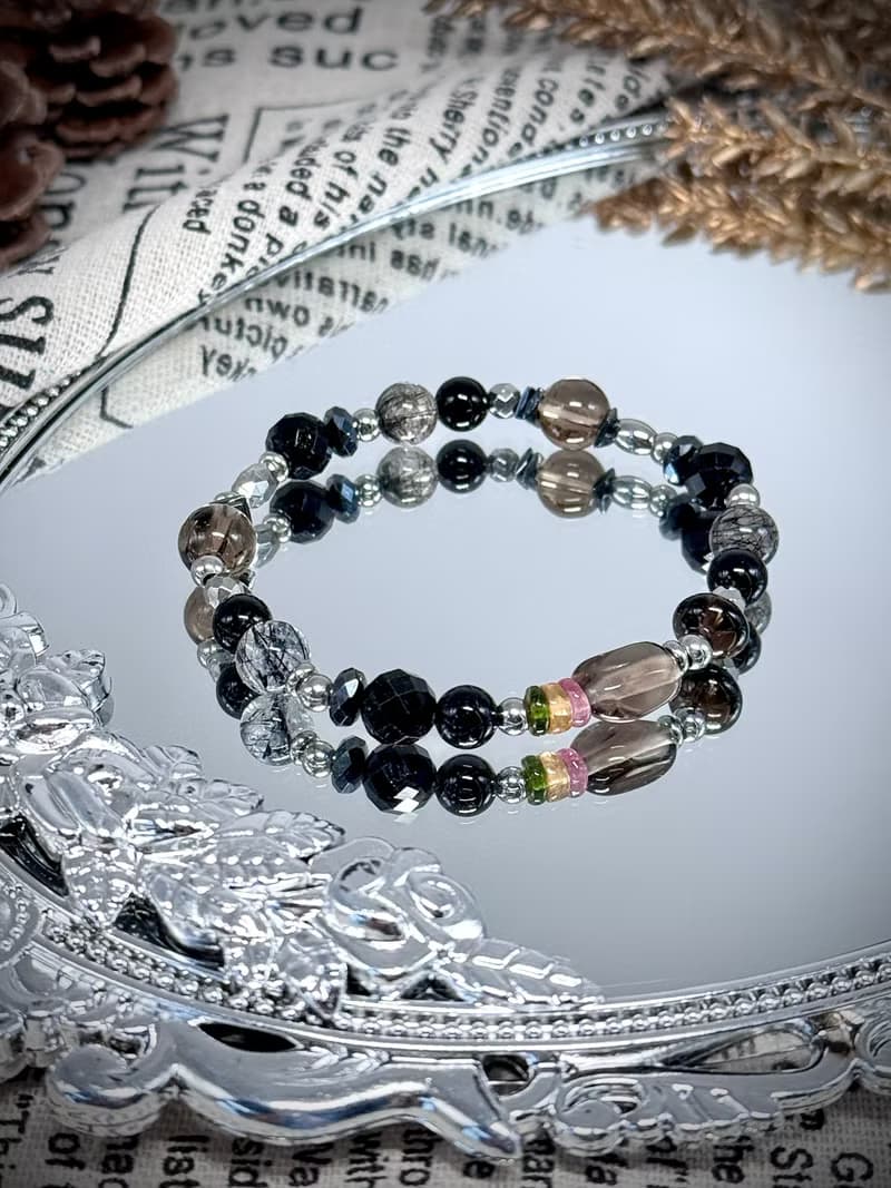 權杖公主水晶設計手串 - 黑髮晶、黑碧璽、赤鐵礦、彩虹碧璽