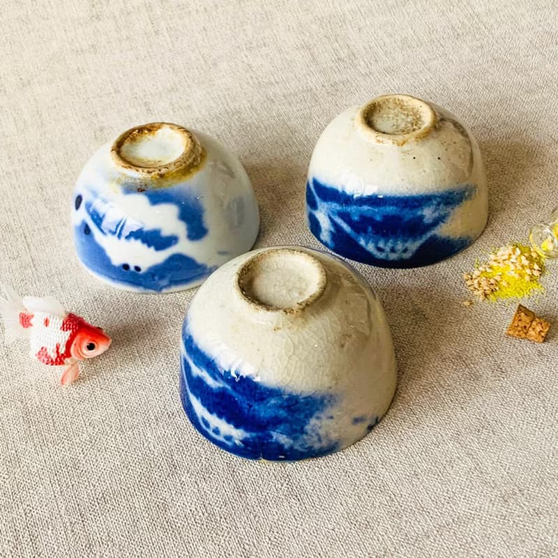 日本 富士山青花瓷杯 │昭和時期 冰裂紋 開片 瓷器 收藏  老件