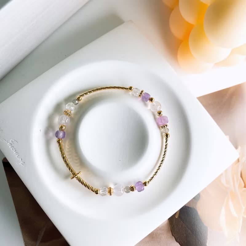 紫堇 紫鋰輝 紫水晶 粉晶 拉長石 白水晶 天然石水晶彈性手鏈手環