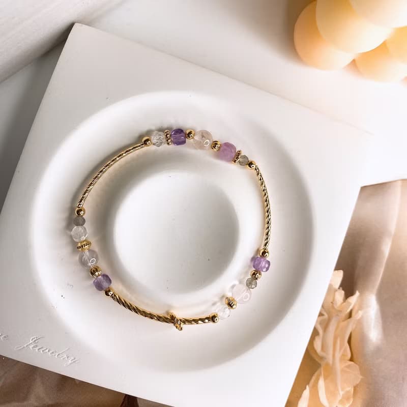 紫堇 紫鋰輝 紫水晶 粉晶 拉長石 白水晶 天然石水晶彈性手鏈手環
