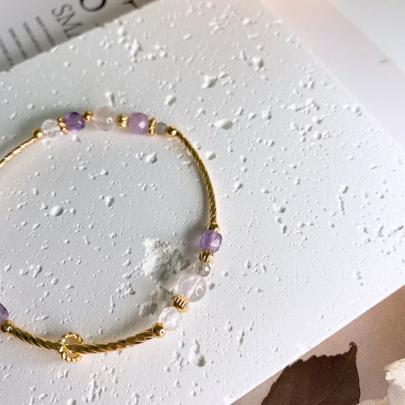 紫堇 紫鋰輝 紫水晶 粉晶 拉長石 白水晶 天然石水晶彈性手鏈手環