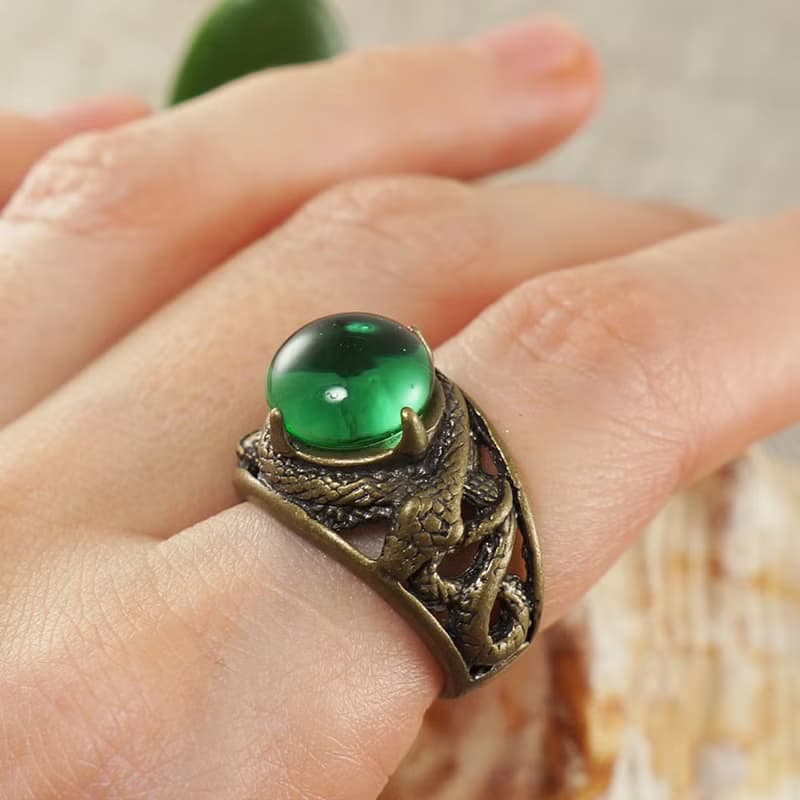 Emerald Green Glass Bronze Snake Unisex Adjustable Free Size Ring Jewelry Gift