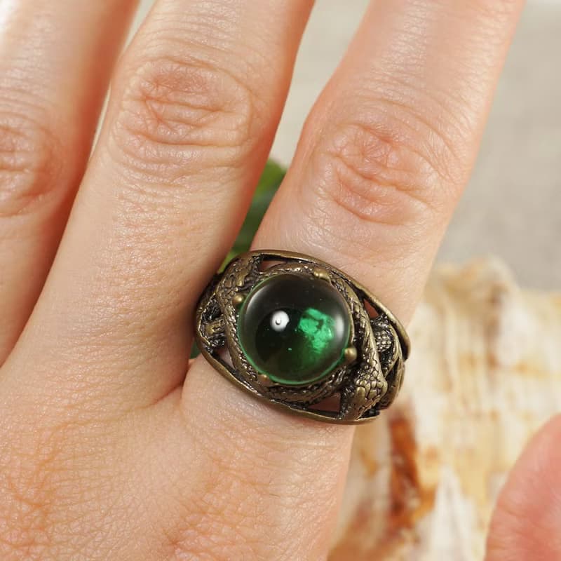 Emerald Green Glass Bronze Snake Unisex Adjustable Free Size Ring Jewelry Gift