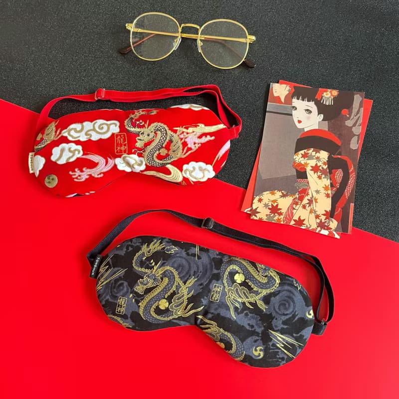 手工有機棉眼罩 龍神 龍 燙金 黑紅 棉布 可調整長度 助眠遮光
